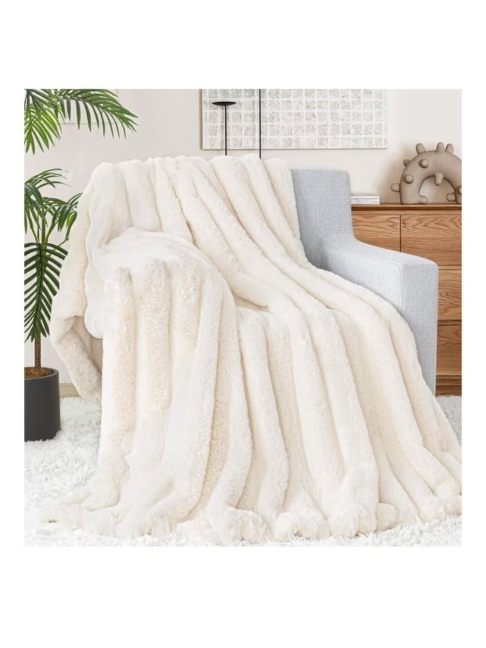 Touchat Faux Fur Blanket Ultra Soft Fluffy Reversible Throw Cream White 50"x60"